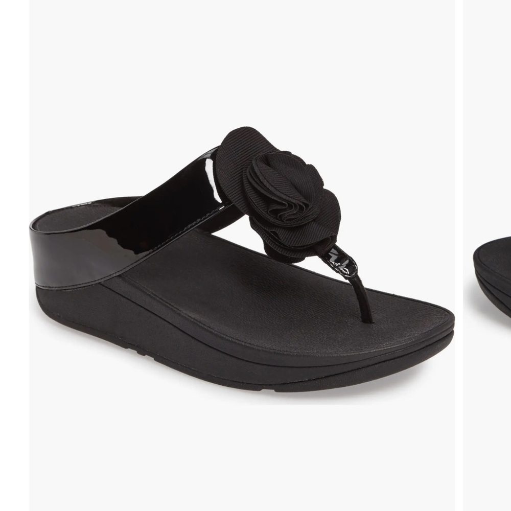 Fitflop florrie rosette black patent leather wedge heel sandals size 8